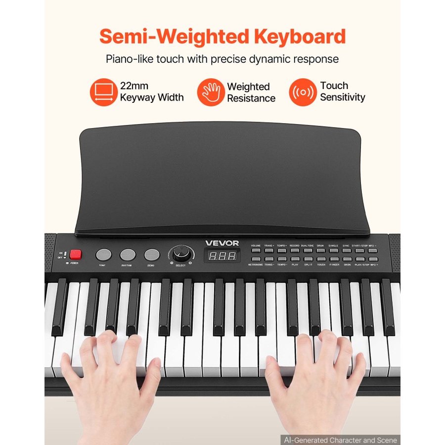 VEVOR Digital Piano 61 Keys Semi Weighted Keyboard Portable Stand Bench, for Beginners, 128 Tones, 128 Rhythms, Dual Power Supply Electronic Piano, with Pedal, Headphone Jack, USB/MIDI, Music Stand