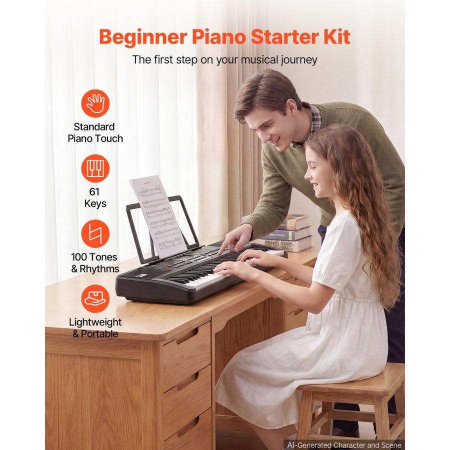VEVOR Digital Piano 61 Keys Semi Weighted Electric Keyboard Portable Black, for Beginners, 100 Tones, 100 Rhythms, Electronic Piano, with Built-In Speaker, Headphone Jack, USB/MIDI, Sheet Music Stand