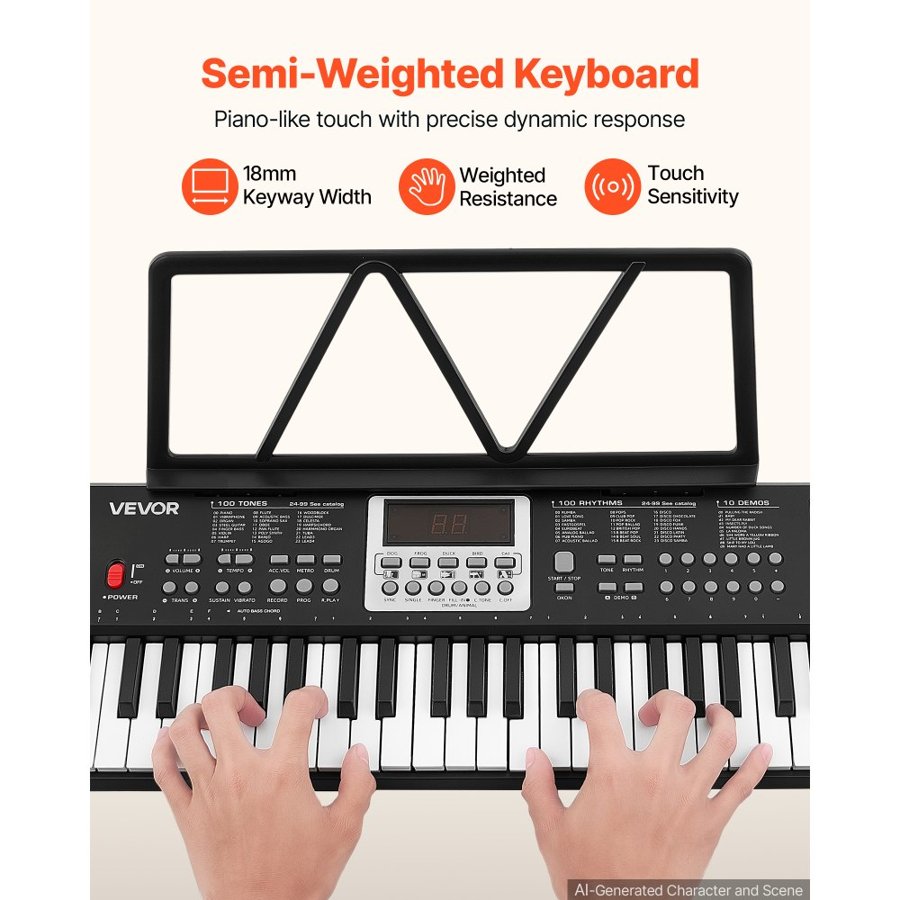 VEVOR Digital Piano 61 Keys Semi Weighted Electric Keyboard Portable Black, for Beginners, 100 Tones, 100 Rhythms, Electronic Piano, with Built-In Speaker, Headphone Jack, USB/MIDI, Sheet Music Stand