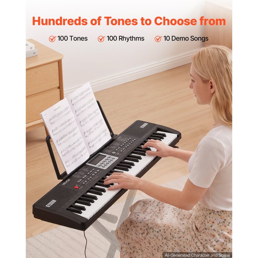VEVOR Digital Piano 61 Keys Semi Weighted Electric Keyboard Portable Black, for Beginners, 100 Tones, 100 Rhythms, Electronic Piano, with Built-In Speaker, Headphone Jack, USB/MIDI, Sheet Music Stand