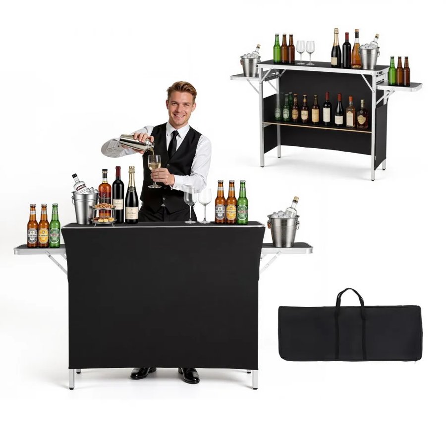 VEVOR Folding Portable Bar Table, 1100 x 390 x 880 mm, with Carry Bag, Storage Shelf, and Detachable Skirt, Quick and Easy Setup, Foldable Mobile Bartending Station for Events, Party, Tradeshow