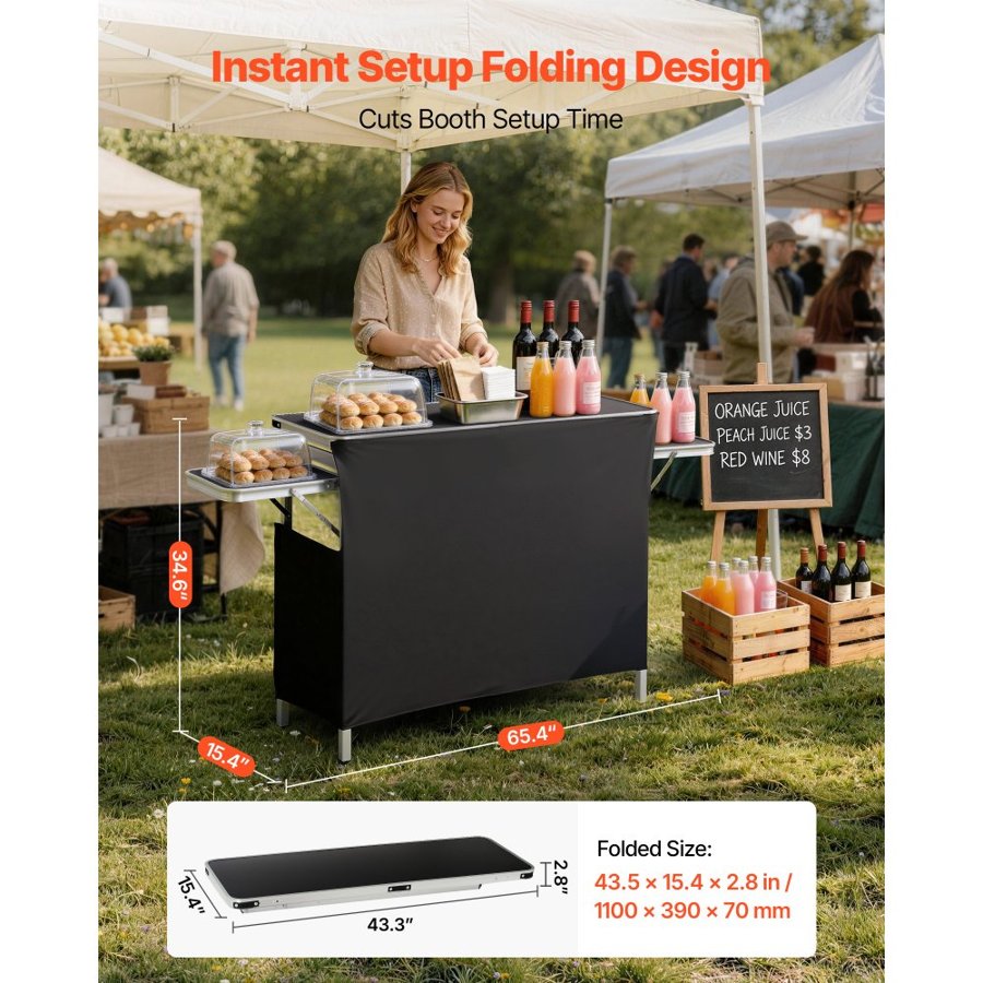 VEVOR Folding Portable Bar Table, 1100 x 390 x 880 mm, with Carry Bag, Storage Shelf, and Detachable Skirt, Quick and Easy Setup, Foldable Mobile Bartending Station for Events, Party, Tradeshow
