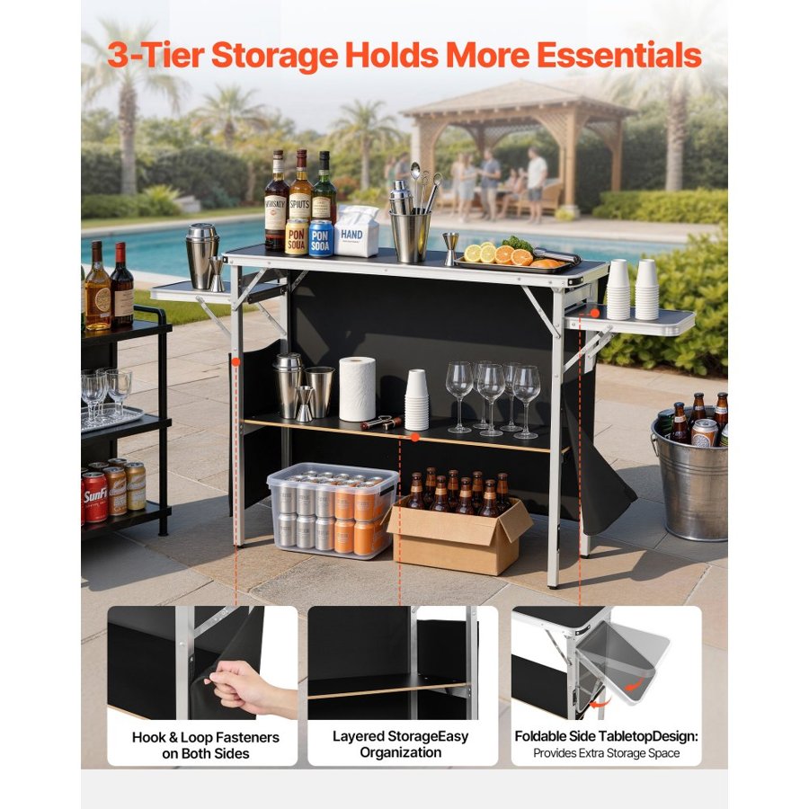 VEVOR Folding Portable Bar Table, 1100 x 390 x 880 mm, with Carry Bag, Storage Shelf, and Detachable Skirt, Quick and Easy Setup, Foldable Mobile Bartending Station for Events, Party, Tradeshow