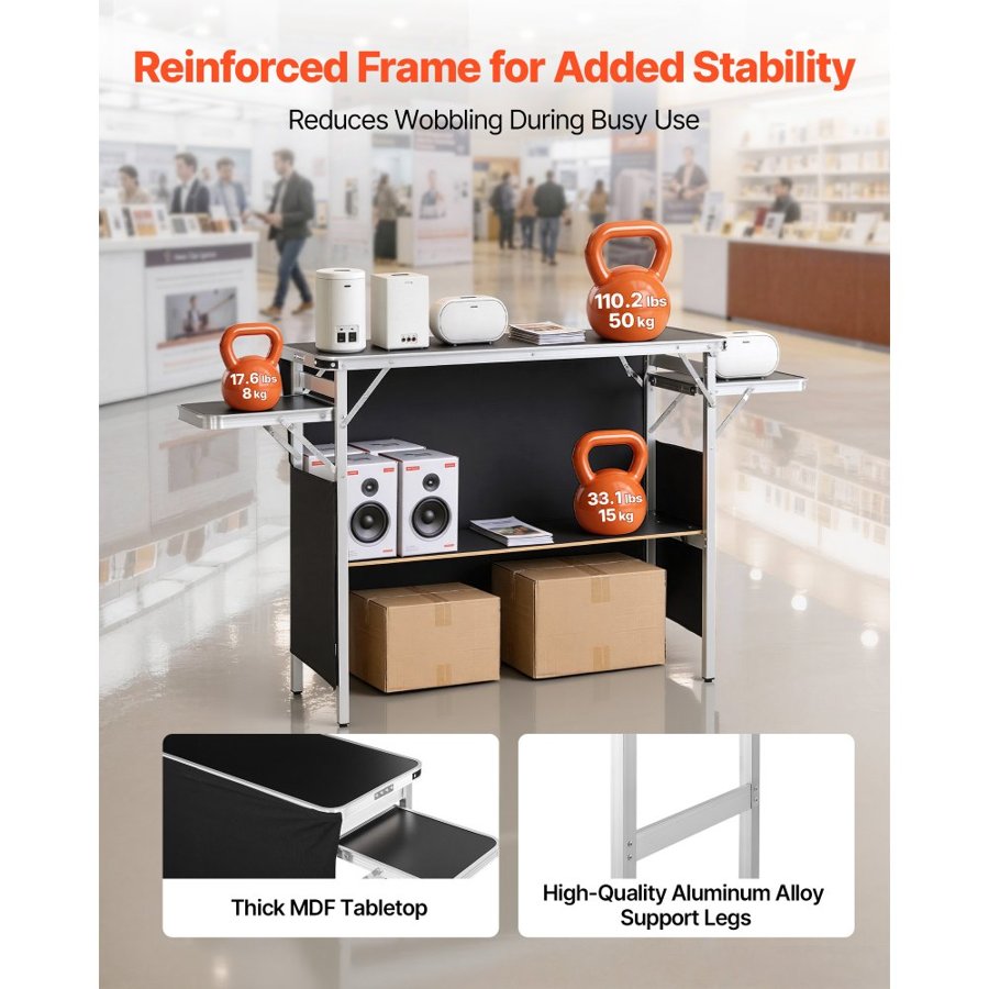 VEVOR Folding Portable Bar Table, 1100 x 390 x 880 mm, with Carry Bag, Storage Shelf, and Detachable Skirt, Quick and Easy Setup, Foldable Mobile Bartending Station for Events, Party, Tradeshow