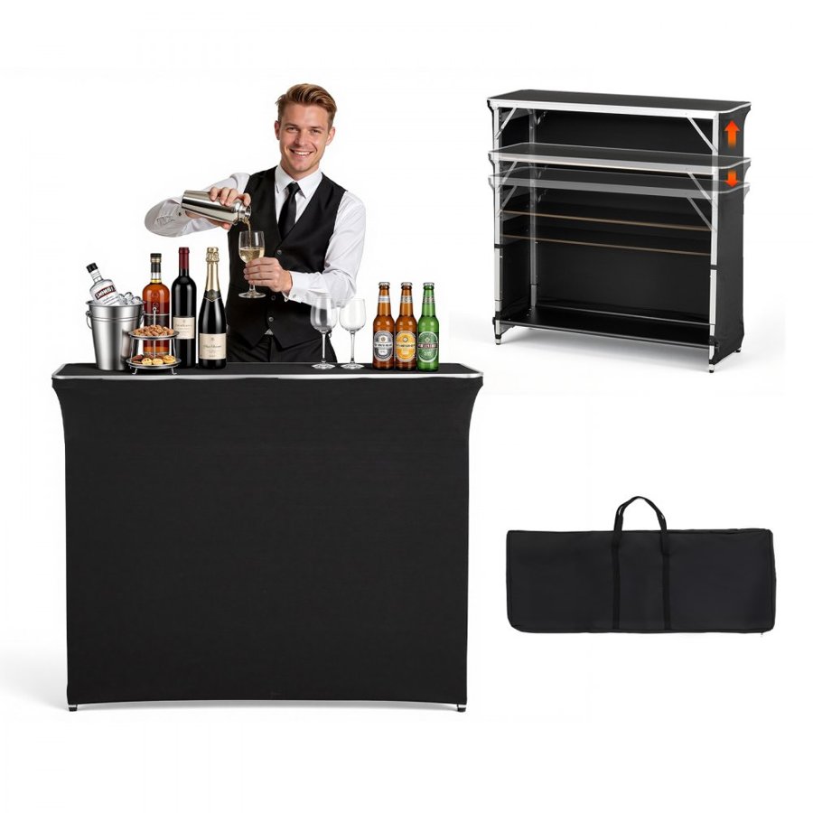 VEVOR Folding Portable Bar Table, 1105 x 390 x 1010 mm, with Carry Bag, 2 Storage Shelves, and Detachable Skirt, Quick and Easy Setup, Foldable Mobile Bartending Station for Events, Party, Tradeshow