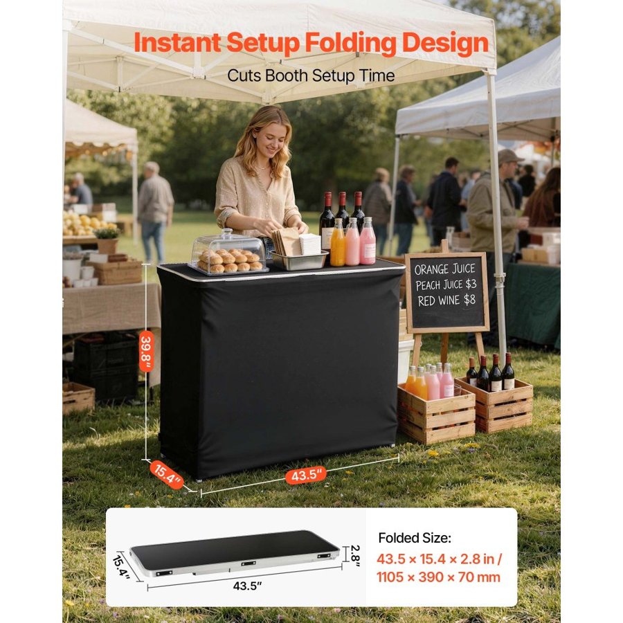 VEVOR Folding Portable Bar Table, 1105 x 390 x 1010 mm, with Carry Bag, 2 Storage Shelves, and Detachable Skirt, Quick and Easy Setup, Foldable Mobile Bartending Station for Events, Party, Tradeshow