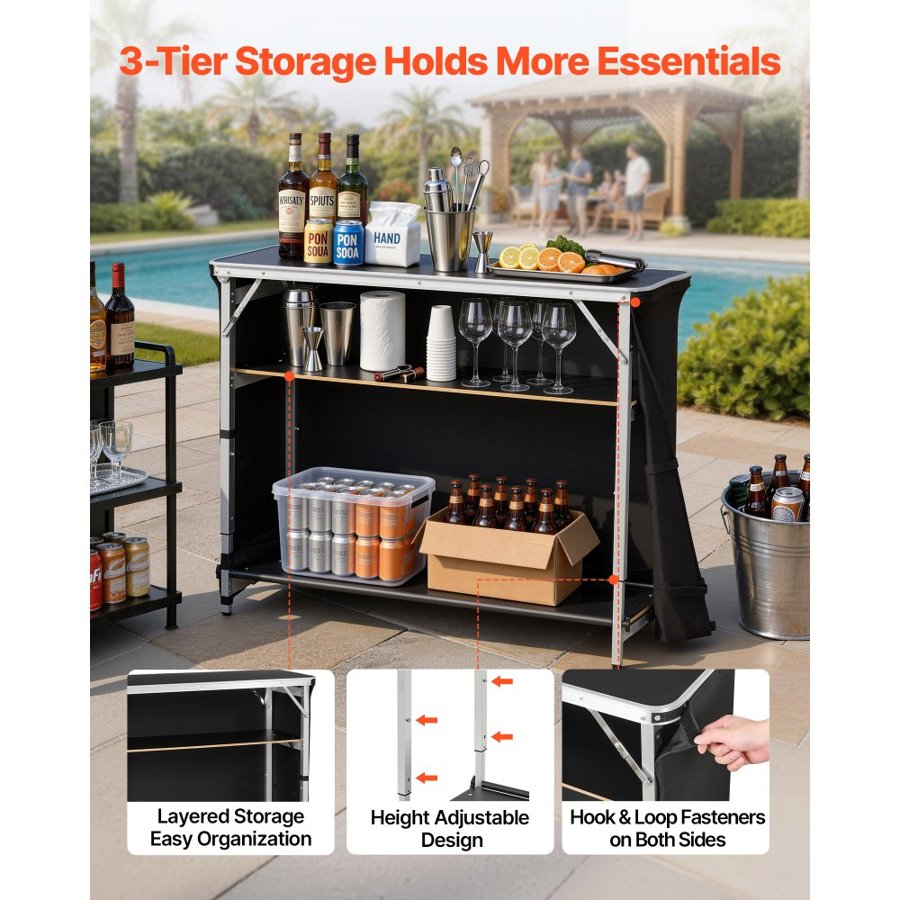 VEVOR Folding Portable Bar Table, 1105 x 390 x 1010 mm, with Carry Bag, 2 Storage Shelves, and Detachable Skirt, Quick and Easy Setup, Foldable Mobile Bartending Station for Events, Party, Tradeshow