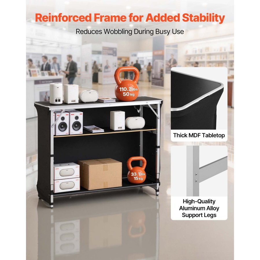 VEVOR Folding Portable Bar Table, 1105 x 390 x 1010 mm, with Carry Bag, 2 Storage Shelves, and Detachable Skirt, Quick and Easy Setup, Foldable Mobile Bartending Station for Events, Party, Tradeshow