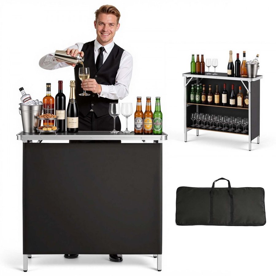 VEVOR Folding Portable Bar Table, 980 x 385 x 870 mm, with Carry Bag, Storage Shelf, and Detachable Skirt, Quick and Easy Setup, Foldable Mobile Bartending Station for Events, Party, Tradeshow