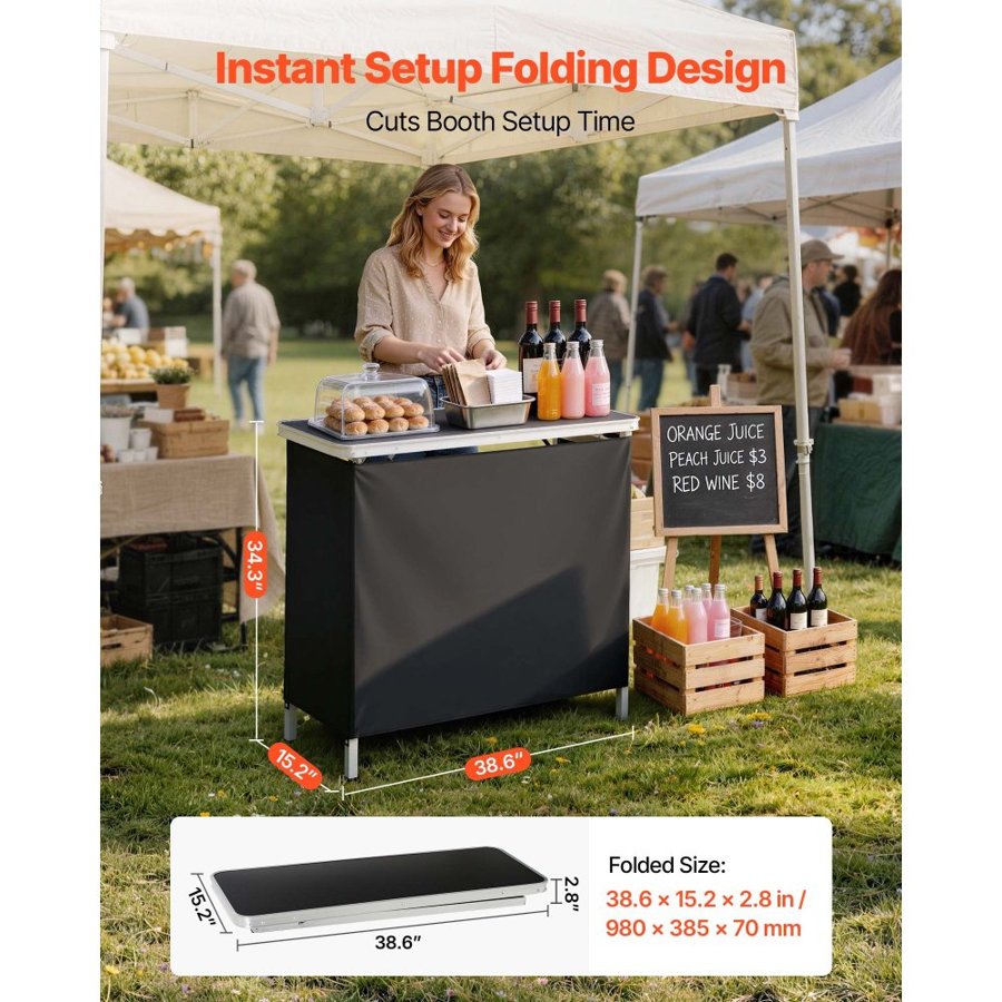 VEVOR Folding Portable Bar Table, 980 x 385 x 870 mm, with Carry Bag, Storage Shelf, and Detachable Skirt, Quick and Easy Setup, Foldable Mobile Bartending Station for Events, Party, Tradeshow