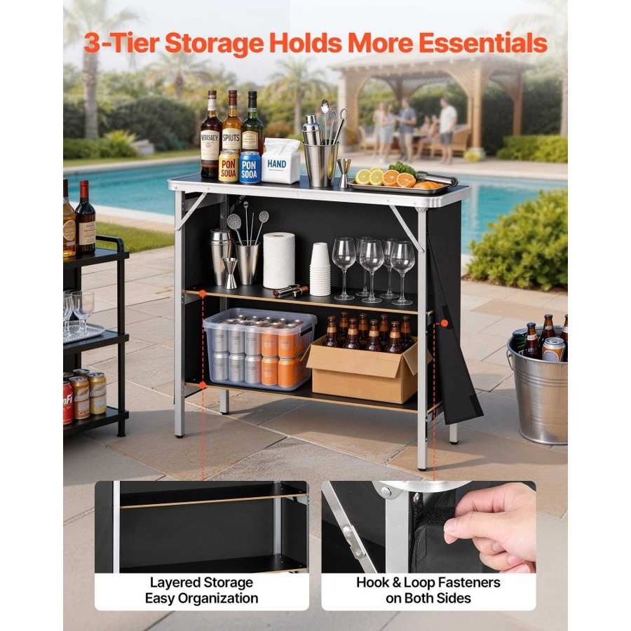 VEVOR Folding Portable Bar Table, 980 x 385 x 870 mm, with Carry Bag, Storage Shelf, and Detachable Skirt, Quick and Easy Setup, Foldable Mobile Bartending Station for Events, Party, Tradeshow