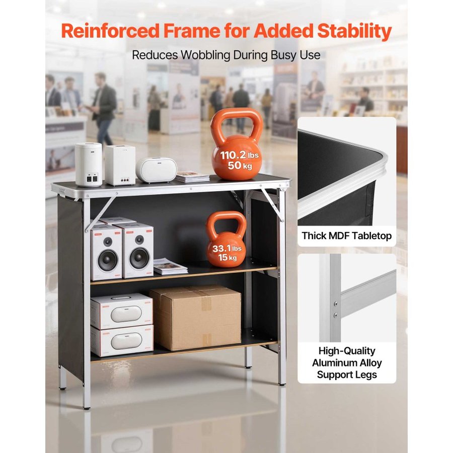 VEVOR Folding Portable Bar Table, 980 x 385 x 870 mm, with Carry Bag, Storage Shelf, and Detachable Skirt, Quick and Easy Setup, Foldable Mobile Bartending Station for Events, Party, Tradeshow