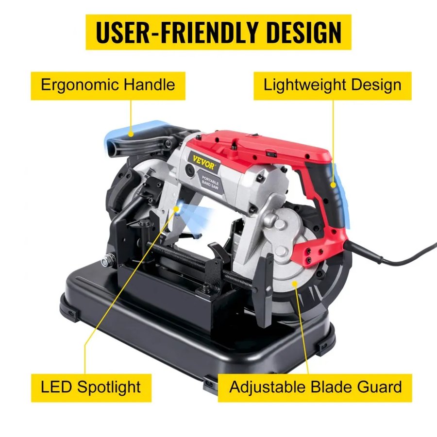 VEVOR Portable Band Saw, 127 mm x 127 mm Cutting Depth with Removable Alloy Steel Base Cordless Band Saw, Hand held Band Saw,Variable Speed Portable Bandsaw, 10Amp Motor Deep Cut Band saw for Metal Wood