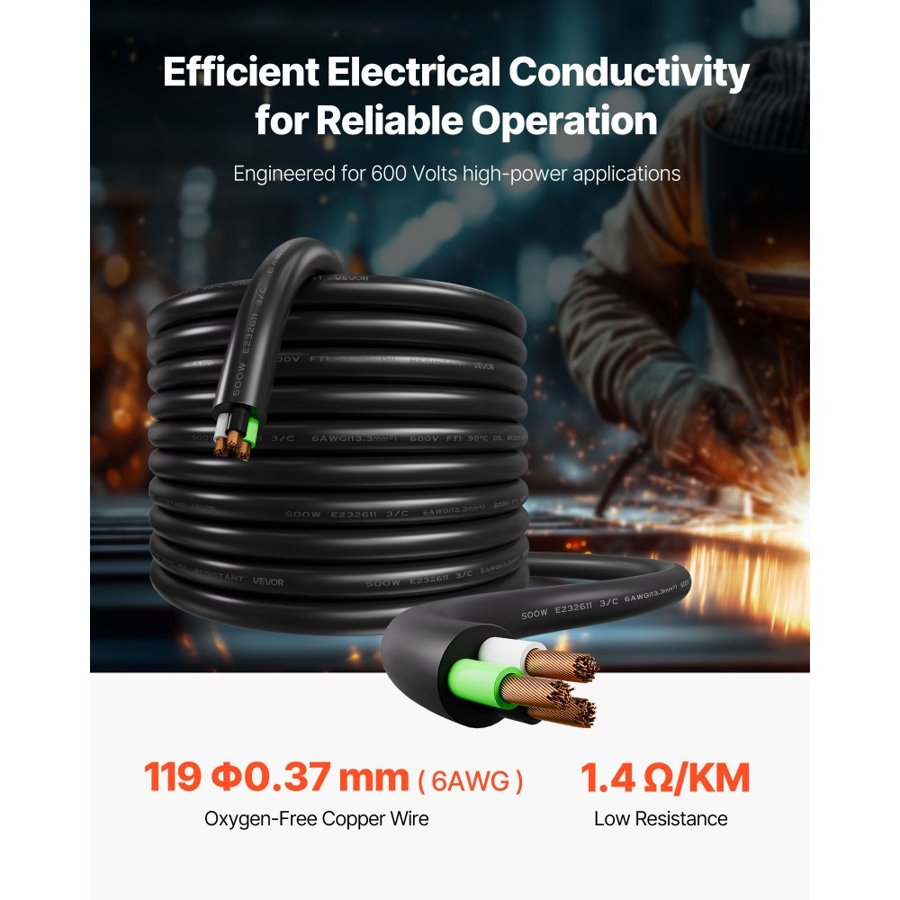 VEVOR 25 FT(7.62 m) 6AWG (16 mm²) Premium Electrical Power Cable Extension Cord Copper Wire