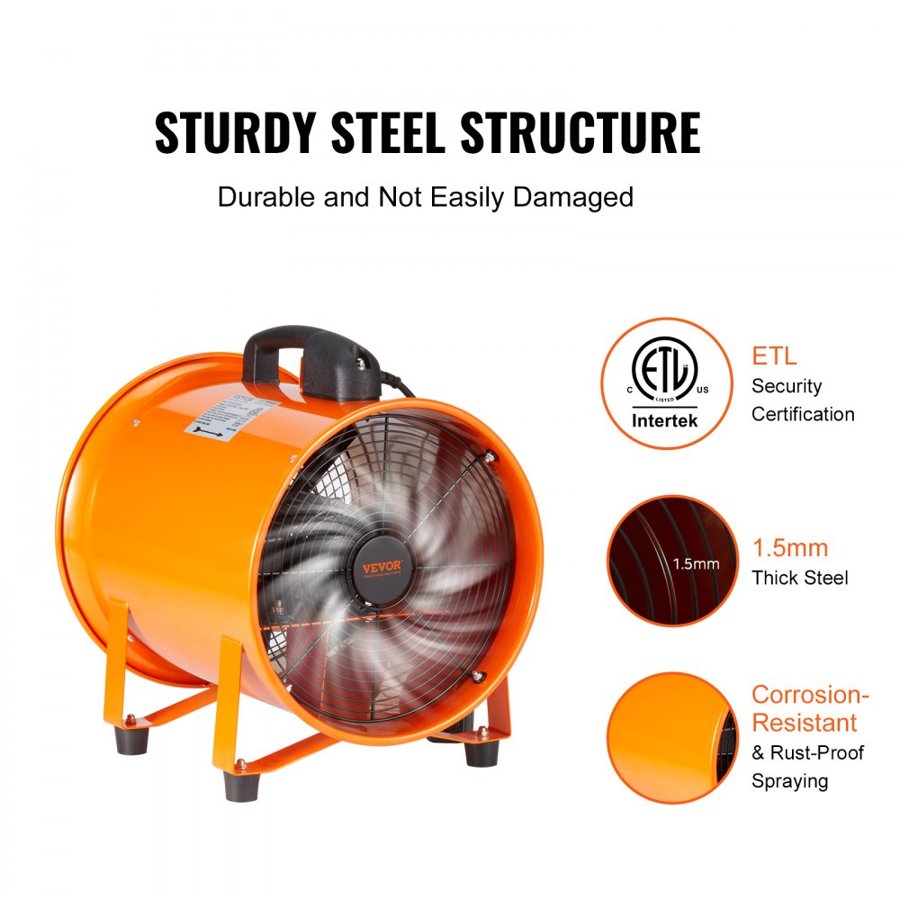 VEVOR Portable Ventilator, 254mm Heavy Duty Cylinder Fan with 5m Duct Hose, 255W Strong Shop Exhaust Blower 1720CFM, Industrial Utility Blower for Sucking Dust, Smoke, Smoke Home/Workplace