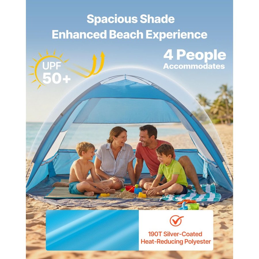 VEVOR 4 Person Beach Tent – UPF 50+, 106" x 66" x 59"