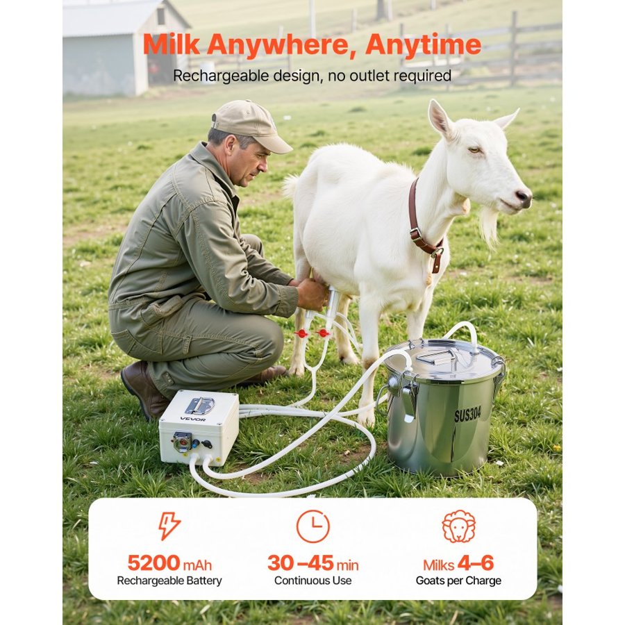 VEVOR Goat Milking Machine, 0.8 Gal / 3 L Food-Grade Stainless Steel Bucket, with 5200 mAh Rechargeable Battery, 2 Teat Cups, Cordless Portable Pulsation Vaccum Electric Milking Machine for Goats Only