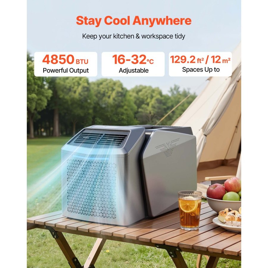VEVOR Portable Camping Air Conditioner 4850 BTU, Dual Hose Split Tent AC Unit with Remote & Touch Control, 16–32°C Adjustable, 200 m³/h Airflow, 58dB Low Noise, for RV, Outdoor Cooling, Dark Grey