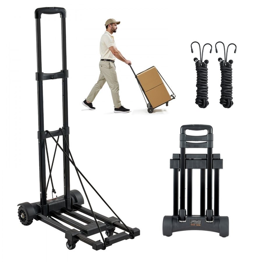 VEVOR Folding Hand Truck, 131.5 kg Load Capacity, Collapsible Luggage Cart with 4 Wheels, 2 Elastic Ropes & Expandable Base, Utility Dolly Platform Cart for Airport Travel Luggage Office Moving, Black