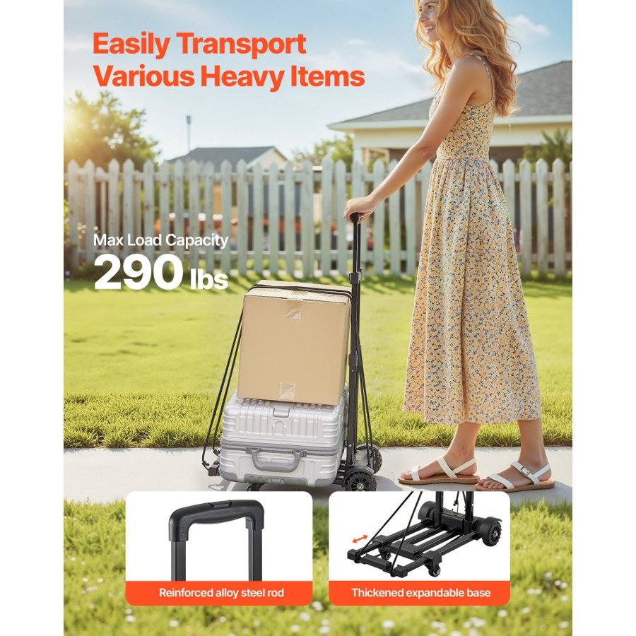 VEVOR Folding Hand Truck, 131.5 kg Load Capacity, Collapsible Luggage Cart with 4 Wheels, 2 Elastic Ropes & Expandable Base, Utility Dolly Platform Cart for Airport Travel Luggage Office Moving, Black