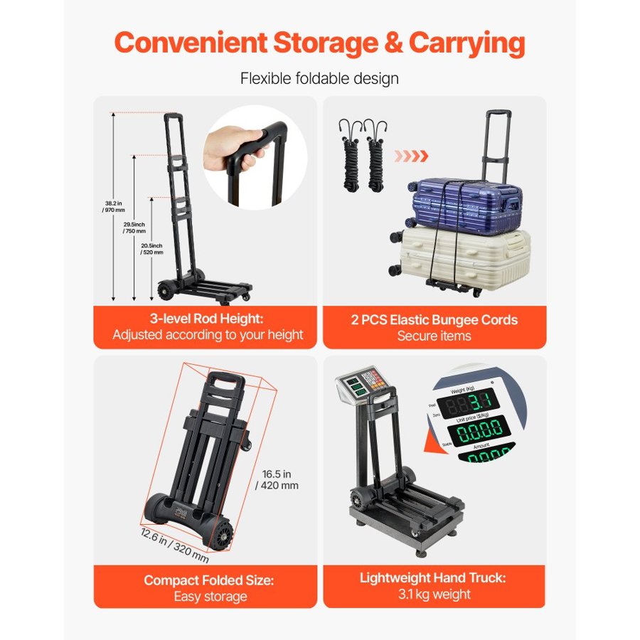 VEVOR Folding Hand Truck, 131.5 kg Load Capacity, Collapsible Luggage Cart with 4 Wheels, 2 Elastic Ropes & Expandable Base, Utility Dolly Platform Cart for Airport Travel Luggage Office Moving, Black