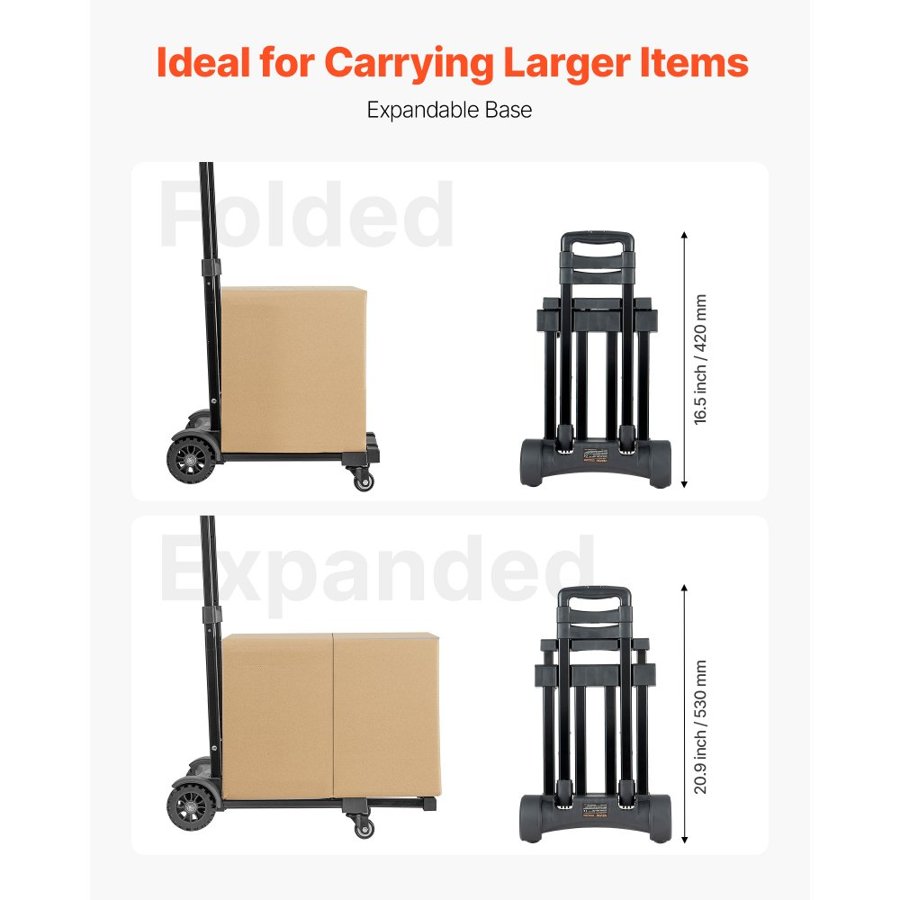 VEVOR Folding Hand Truck, 131.5 kg Load Capacity, Collapsible Luggage Cart with 4 Wheels, 2 Elastic Ropes & Expandable Base, Utility Dolly Platform Cart for Airport Travel Luggage Office Moving, Black