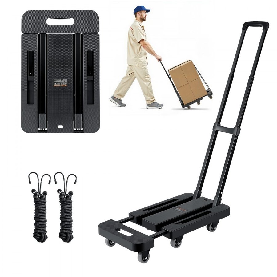 VEVOR Folding Hand Truck, 226.8 kg Load Capacity, Collapsible Luggage Cart with 6 Wheels, 2 Elastic Ropes & Expandable Base, Utility Dolly Platform Cart for Airport Travel Luggage Office Moving, Black