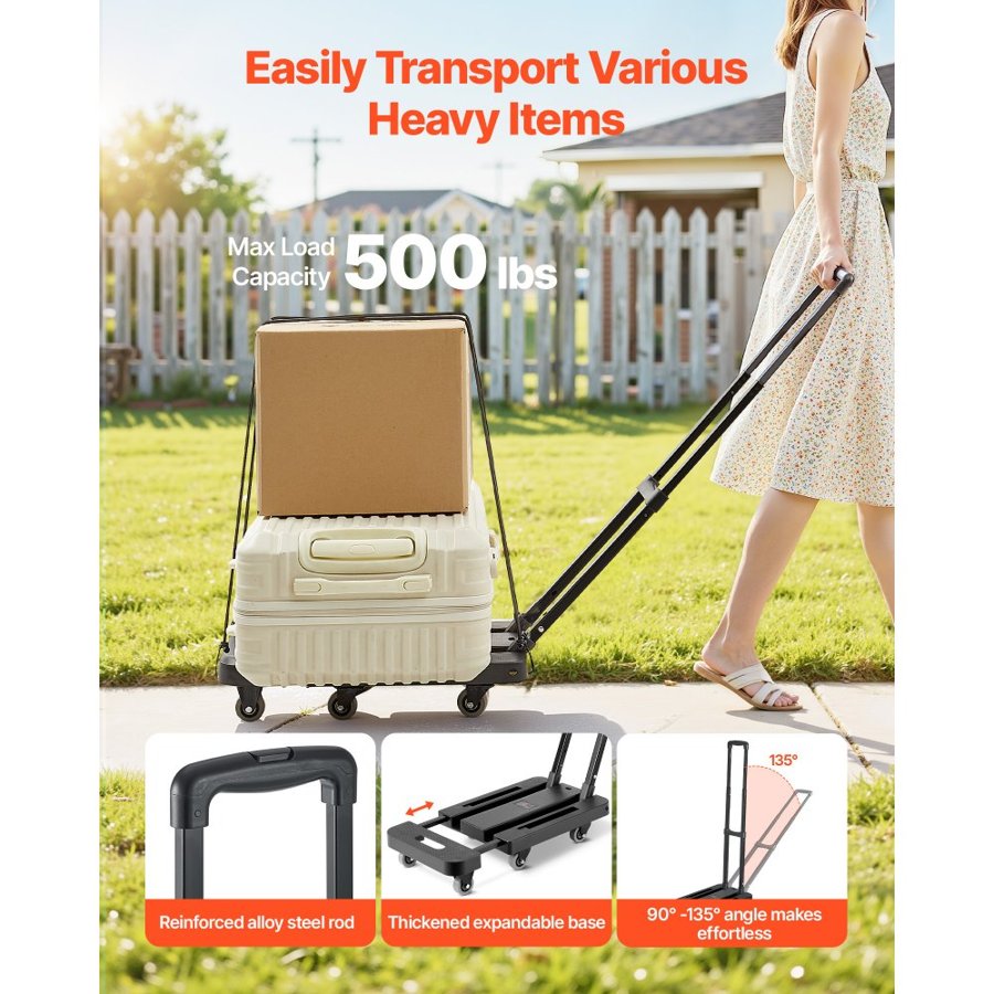 VEVOR Folding Hand Truck, 226.8 kg Load Capacity, Collapsible Luggage Cart with 6 Wheels, 2 Elastic Ropes & Expandable Base, Utility Dolly Platform Cart for Airport Travel Luggage Office Moving, Black