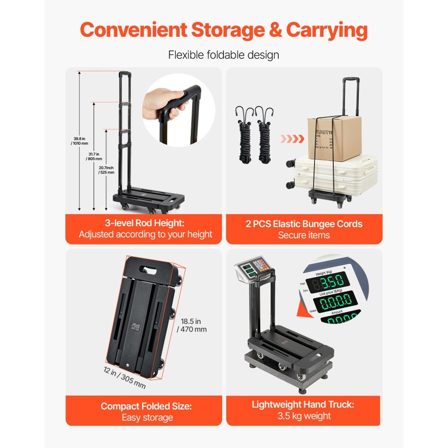 VEVOR Folding Hand Truck, 226.8 kg Load Capacity, Collapsible Luggage Cart with 6 Wheels, 2 Elastic Ropes & Expandable Base, Utility Dolly Platform Cart for Airport Travel Luggage Office Moving, Black