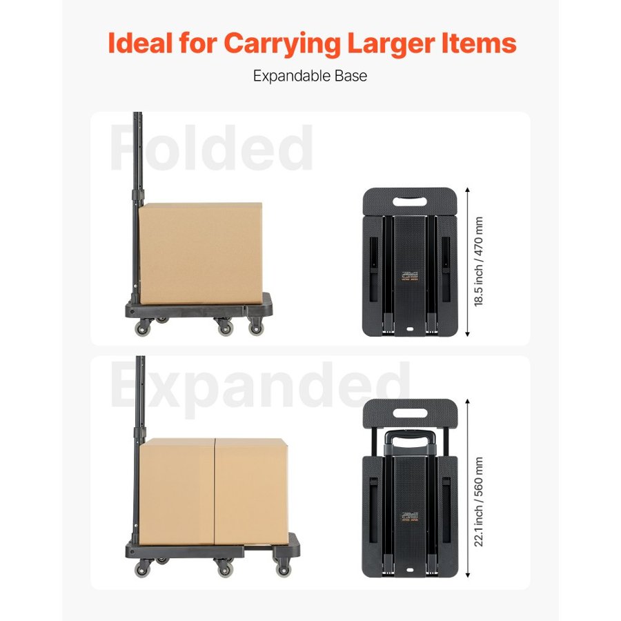 VEVOR Folding Hand Truck, 226.8 kg Load Capacity, Collapsible Luggage Cart with 6 Wheels, 2 Elastic Ropes & Expandable Base, Utility Dolly Platform Cart for Airport Travel Luggage Office Moving, Black