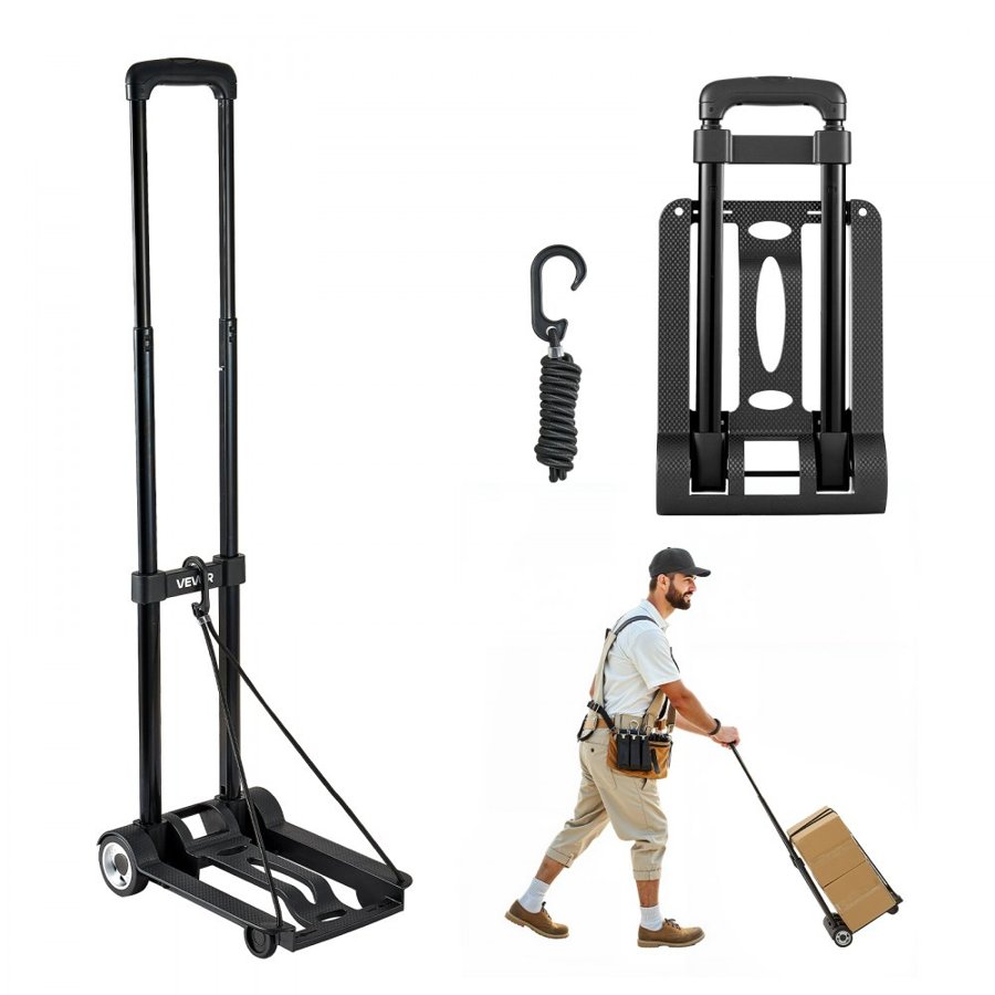 VEVOR Folding Hand Truck, 49.9 kg Load Capacity, Collapsible Luggage Cart with 2 Wheels & 1 Elastic Rope, Utility Dolly Platform Cart for Airport Travel Furniture Luggage Office Moving, Black