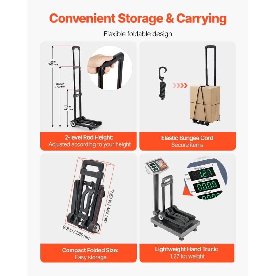 VEVOR Folding Hand Truck, 49.9 kg Load Capacity, Collapsible Luggage Cart with 2 Wheels & 1 Elastic Rope, Utility Dolly Platform Cart for Airport Travel Furniture Luggage Office Moving, Black