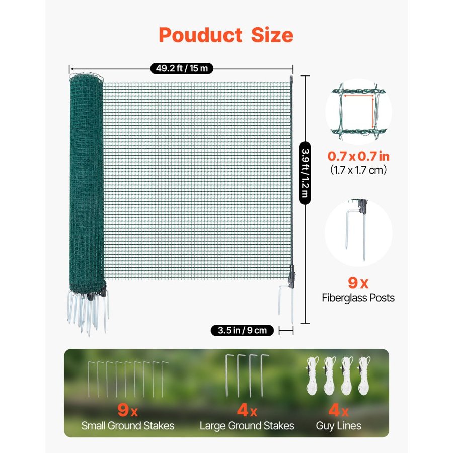 VEVOR Plastic Temporary Fence – 1.2 x 15 m Mesh with 9 Posts