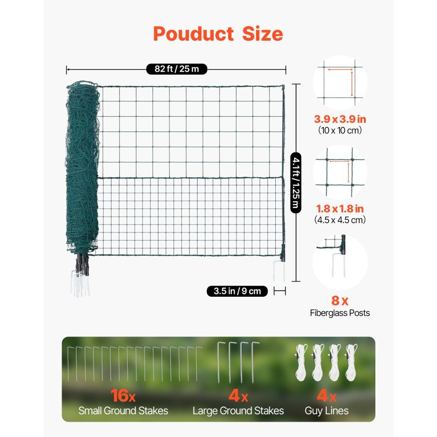VEVOR Temporary Fence with Posts, 1.25 x 25m Plastic Mesh Fencing, Garden Safety Fences Netting with Double-Spike Stakes & Guy Ropes, Temporary Fence for Dogs, Chickens, Plants, Outdoor Yards
