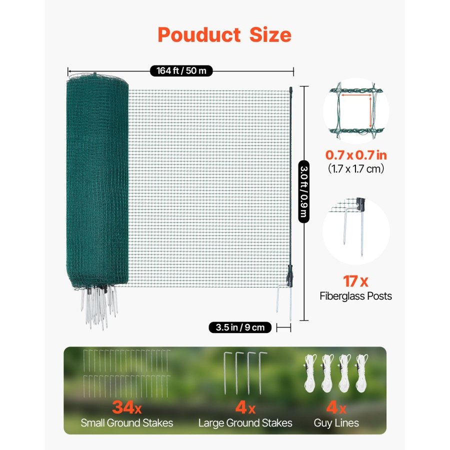 VEVOR Plastic Wire Mesh Fence – 0.9×50m, 17 Posts, 2-Spike