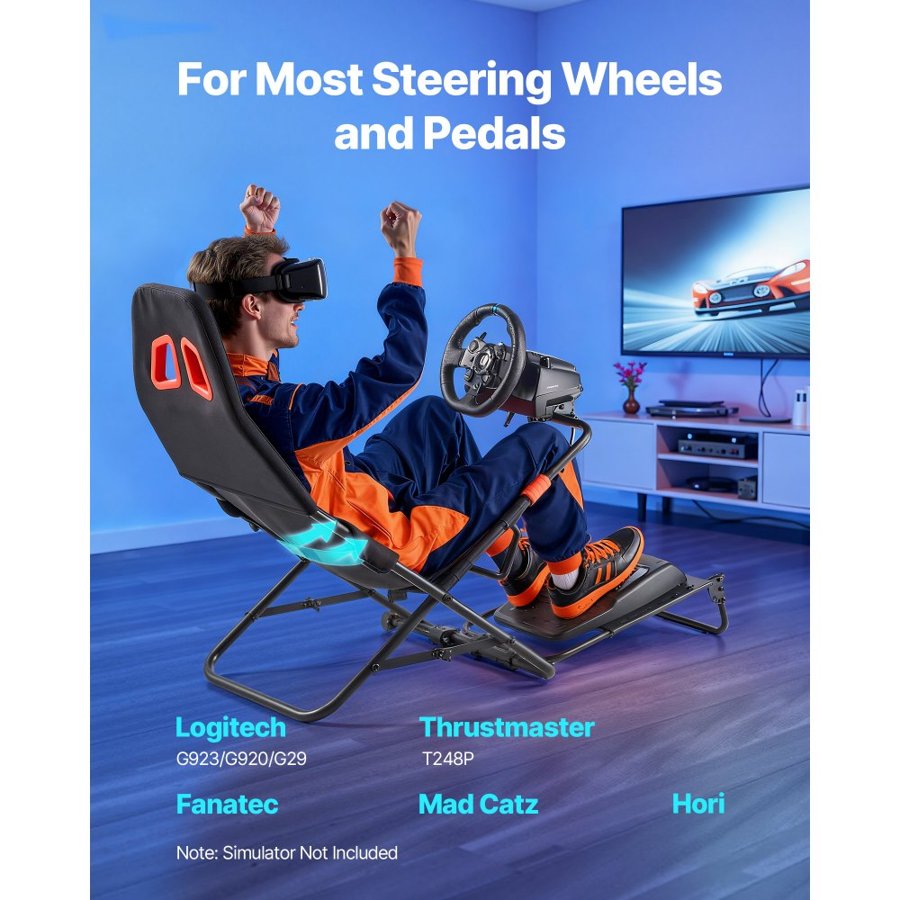 VEVOR Portable Racing Wheel Stand, Foldable & Adjustable Steering Sim Wheel Stand, 470 mm Seat Inner Width, Compatible with Logitech G923/G920/G29, Thrustmaster T248P, Fanatec, Hori, Mad Catz, Black