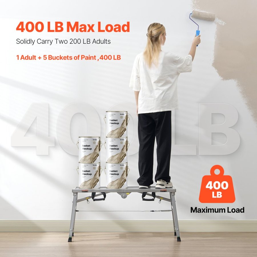 VEVOR Work Platform, 3 Gear Adjustable Height, Folding Alloy Steel Step Ladder, Portable Scaffolding Platform, 400 lb Load Capacity, Non-Slip Rubber Feet, Drywall Painting Stool, for Cleaning &Washing