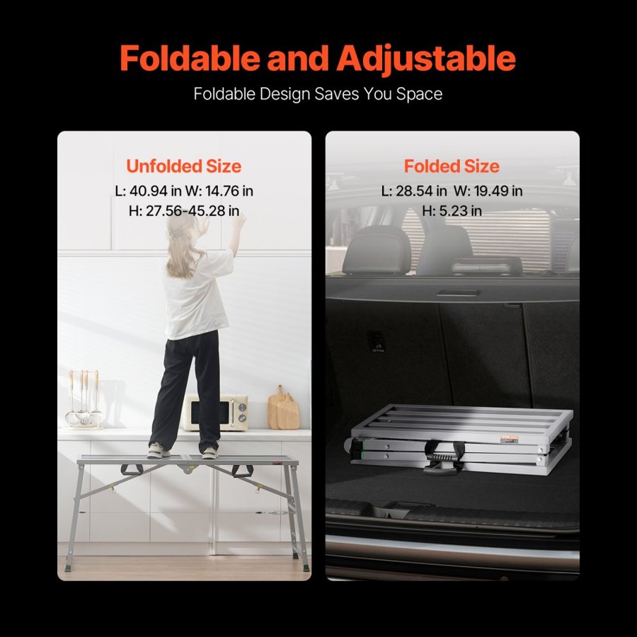VEVOR Work Platform, 4 Gear Adjustable Height, Folding Alloy Steel Step Ladder, Portable Scaffolding Platform, 800 lb Load Capacity, Non-Slip Rubber Feet, Drywall Painting Stool, Cleaning & Washing