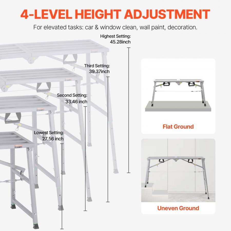 VEVOR Work Platform, 4 Gear Adjustable Height, Folding Alloy Steel Step Ladder, Portable Scaffolding Platform, 800 lb Load Capacity, Non-Slip Rubber Feet, Drywall Painting Stool, Cleaning & Washing