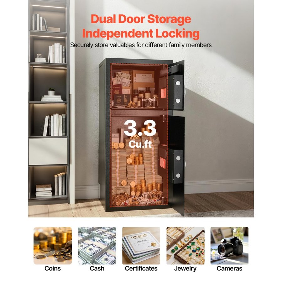 VEVOR Double Door Safe Box, 93.45 L, Heavy Duty Home Safe with Electronic Keypad, Anti-Theft, Digital Safety Lock Box with Key, Drop Slot, for Money, Firearm, Jewelry, Document, Valuables, Black, Self-assembly required