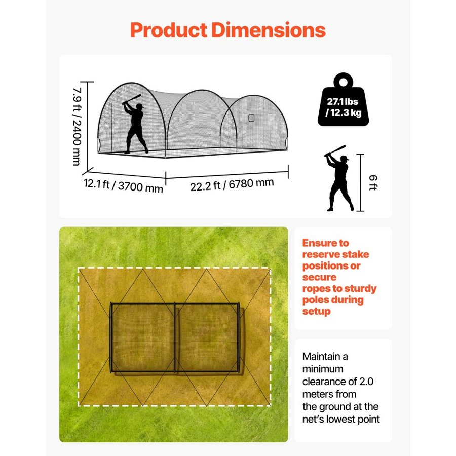 VEVOR Baseball Batting Cage, 6780 x 3700 x 2400mm Freestanding Portable Batting Cage, Hitting Cages with 4-Ply Knotless Polyester & Pitching Machine Opening, Battings Cages Netting for Indoor Outdoor