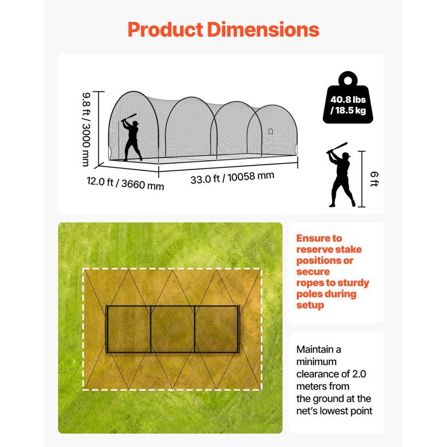 VEVOR Baseball Batting Cage, 10058 x 3660 x 3000mm Freestanding Portable Batting Cage, Hitting Cages with 4-Ply Knotless Polyester & Pitching Machine Opening, Battings Cages Netting for Indoor Outdoor