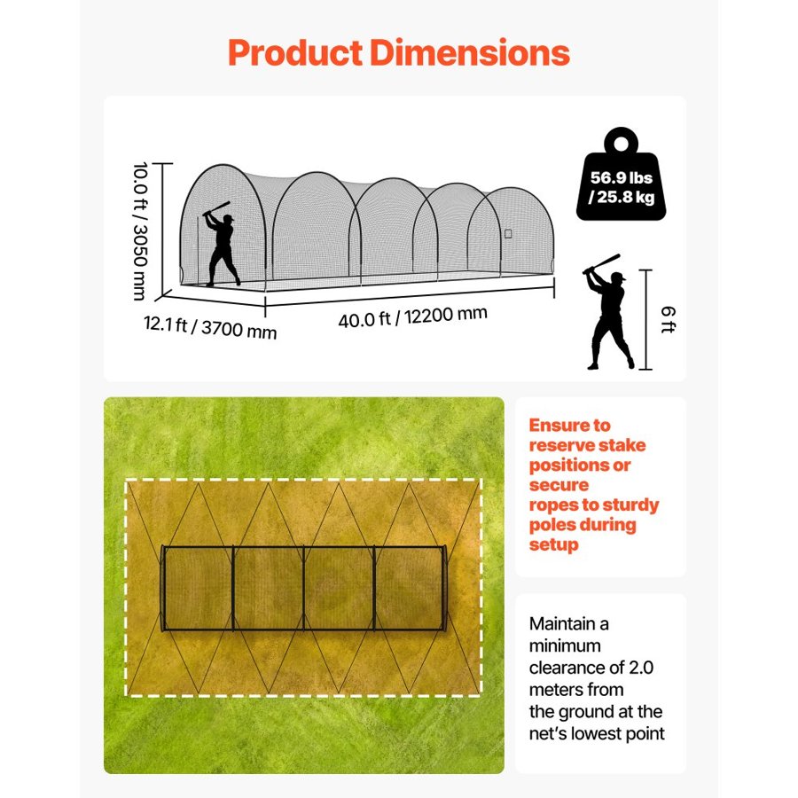VEVOR Baseball Batting Cage, 12200 x 3700 x 3050mm Freestanding Portable Batting Cage, Hitting Cages with 4-Ply Knotless Polyester & Pitching Machine Opening, Battings Cages Netting for Indoor Outdoor