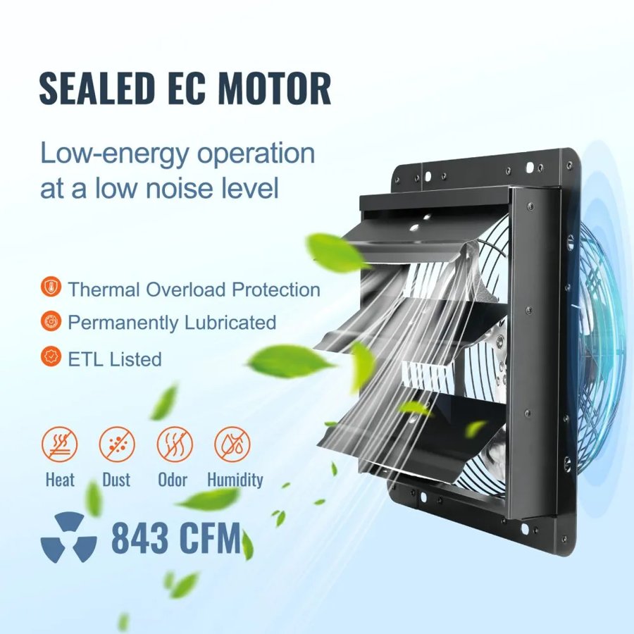 VEVOR 10 Inch Shutter Exhaust Fan – 843 CFM, 18W EC Motor