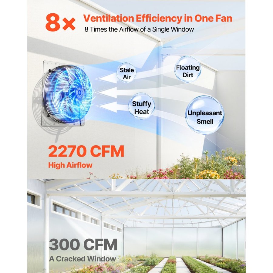 VEVOR 413 mm Shutter Exhaust Fan Wall Mounted Automatic Louvers Silver, Sturdy Steel Housing, 2270 CFM Low Noise, AC Motor, Ventilation and Cooling for Attic, Garage, Barn, Greenhouse, Workshop