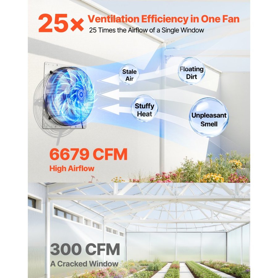 VEVOR 624 mm Shutter Exhaust Fan Wall Mounted Automatic Louvers Silver, Sturdy Steel Housing, Low Noise, AC Motor, 6679 CFM Ventilation and Cooling for Attic, Garage, Barn, Greenhouse, Workshop
