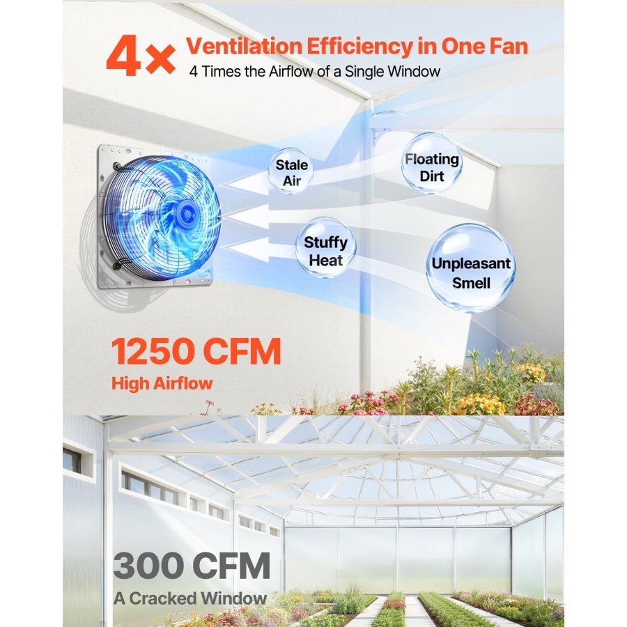 VEVOR 312 mm Shutter Exhaust Fan Wall Mounted 1250 CFM Automatic Louvers, Sturdy Steel Housing, Low Noise, AC Motor, Ventilation and Cooling for Attic, Garage, Barn, Greenhouse, Workshop, Silver