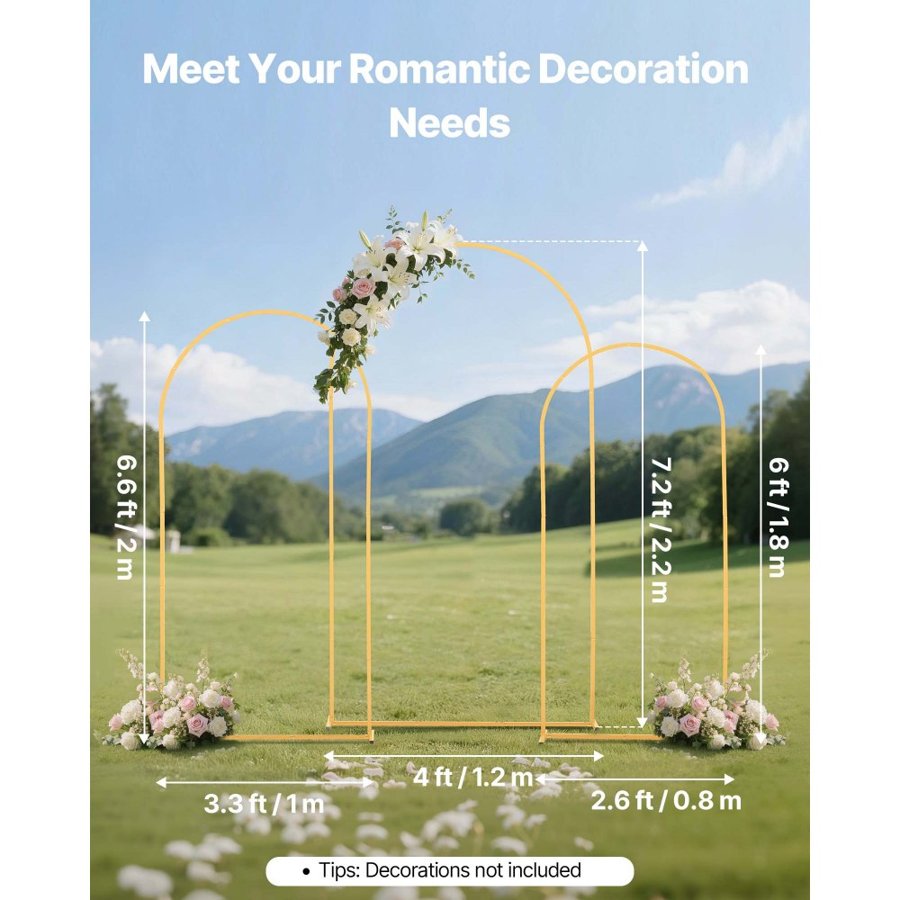 VEVOR 3 Piece Arch Backdrop Stand – 7.2/6.6/6 ft Gold Set