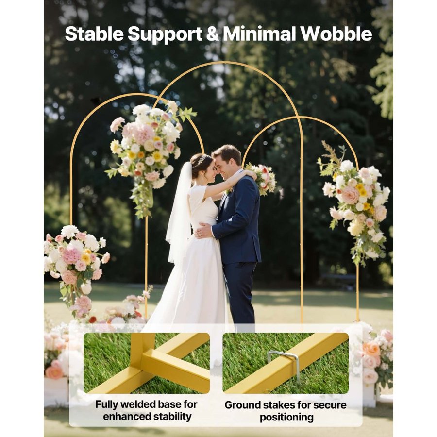 VEVOR Arch Backdrop Stand, Set of 3, 2.4/2.2/2 m, Stable Structure, Easy Assembly, Gold Metal Arch Backdrop Stand for Wedding, Birthday Party, Graduation, Holiday Celebration, and Ceremony Decoration