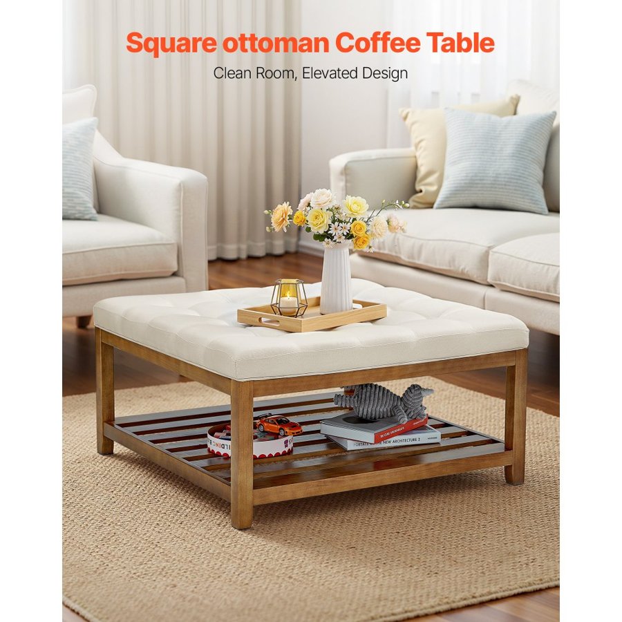 VEVOR Large Square Ottoman Coffee Table, 87.5 cm Tufted Coffee Table with Solid Wood Shelf Storage, Linen Solid Upholstered Footrest Ottoman for Bedroom Living Room, 400 LBS, Off-White